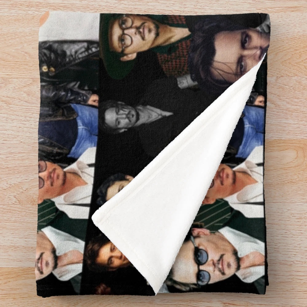 Collage of Johnny Depp in various movie roles on a plush blanket