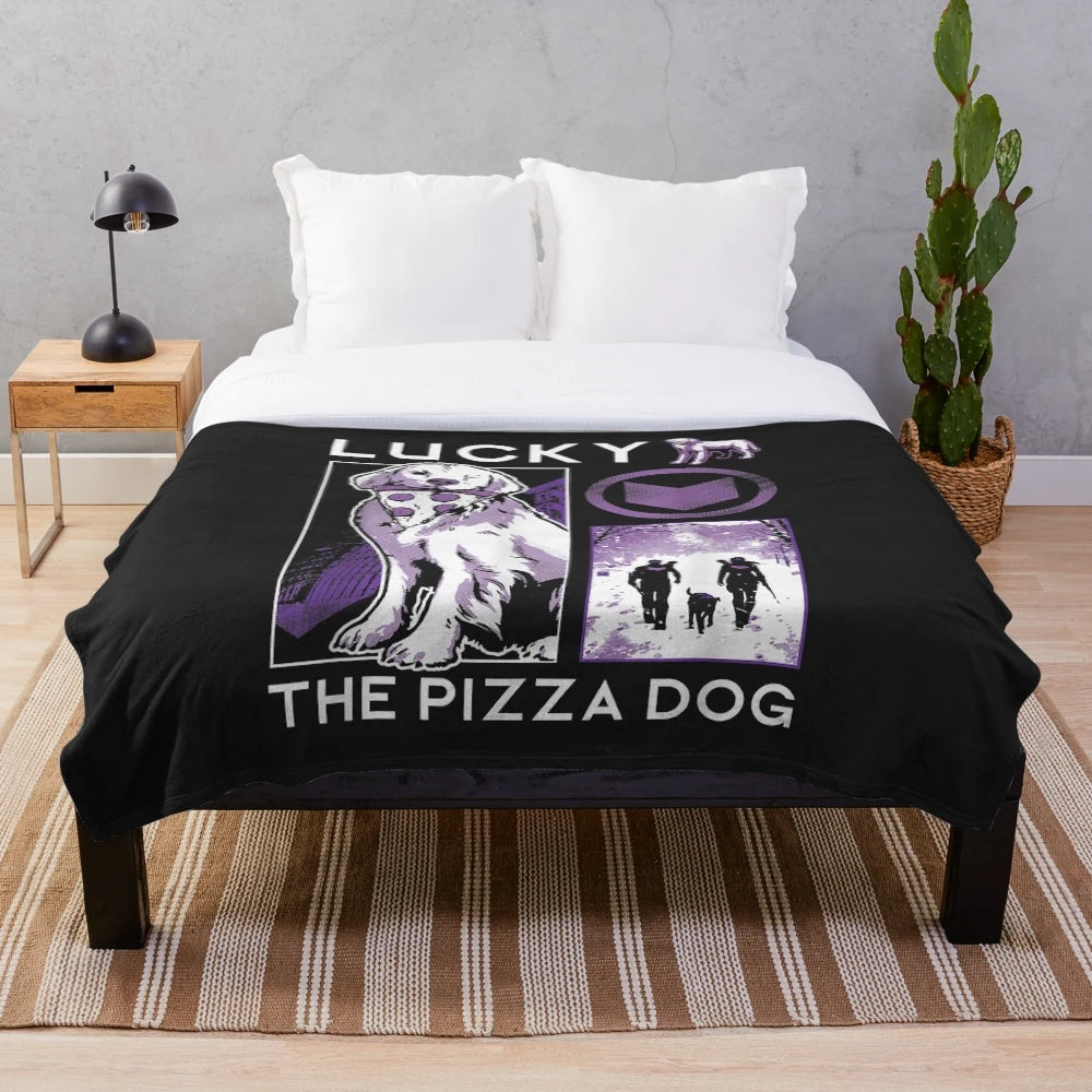 Marvel's Hawkeye and Lucky the Pizza Dog Depicted in a Purple Collage Design on a Plush Blanket
