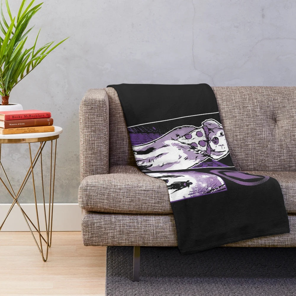 Marvel's Hawkeye and Lucky the Pizza Dog Depicted in a Purple Collage Design on a Plush Blanket