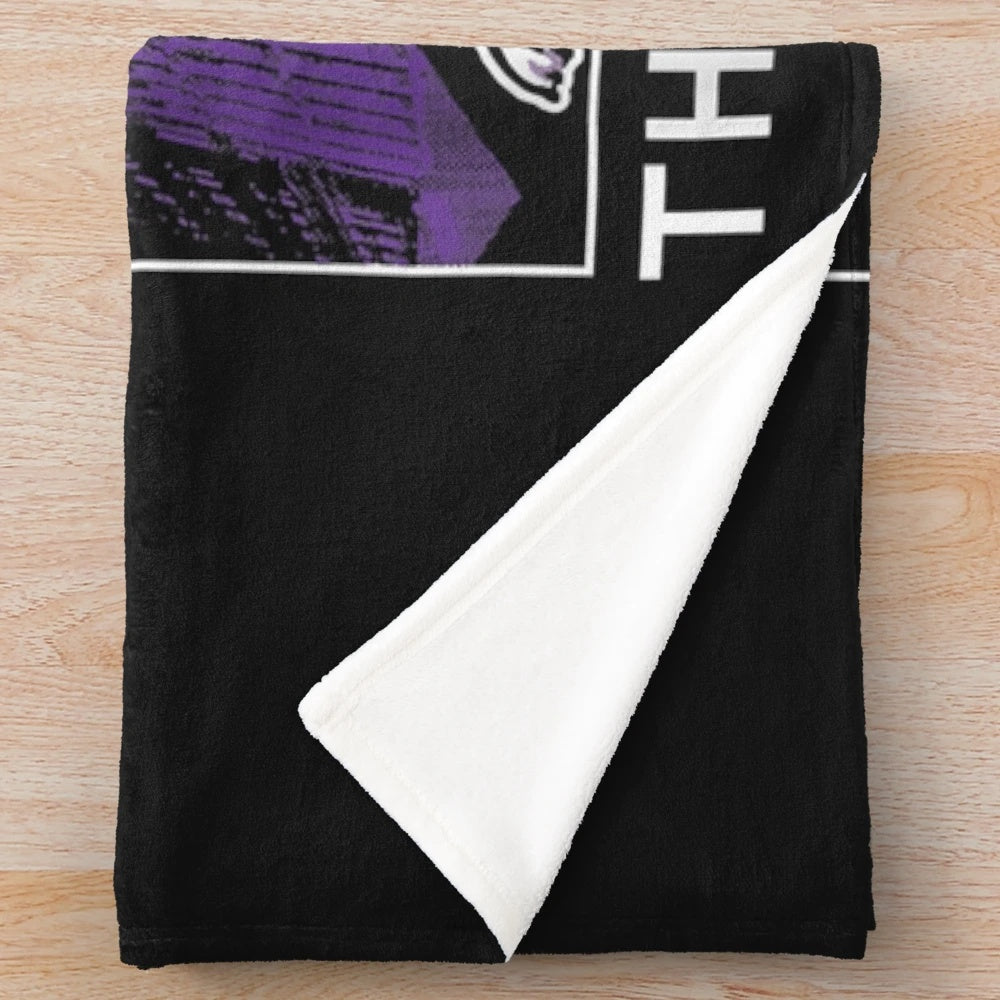 Marvel's Hawkeye and Lucky the Pizza Dog Depicted in a Purple Collage Design on a Plush Blanket