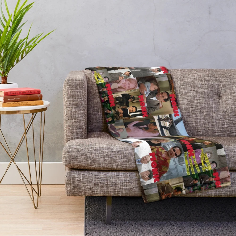 Collage plush blanket with Adrian Monk, Trudy Monk, and Sharona Fleming characters from the Monk TV show