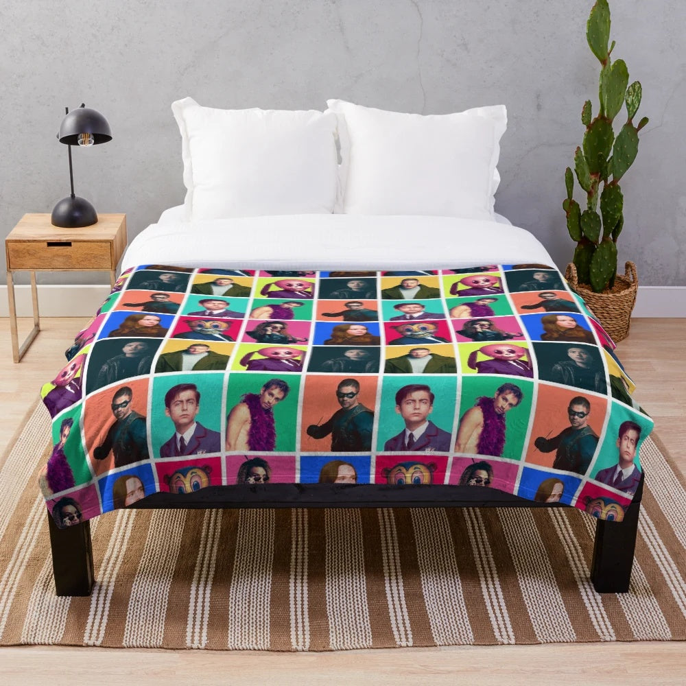 Collage of The Umbrella Academy characters on a plush blanket