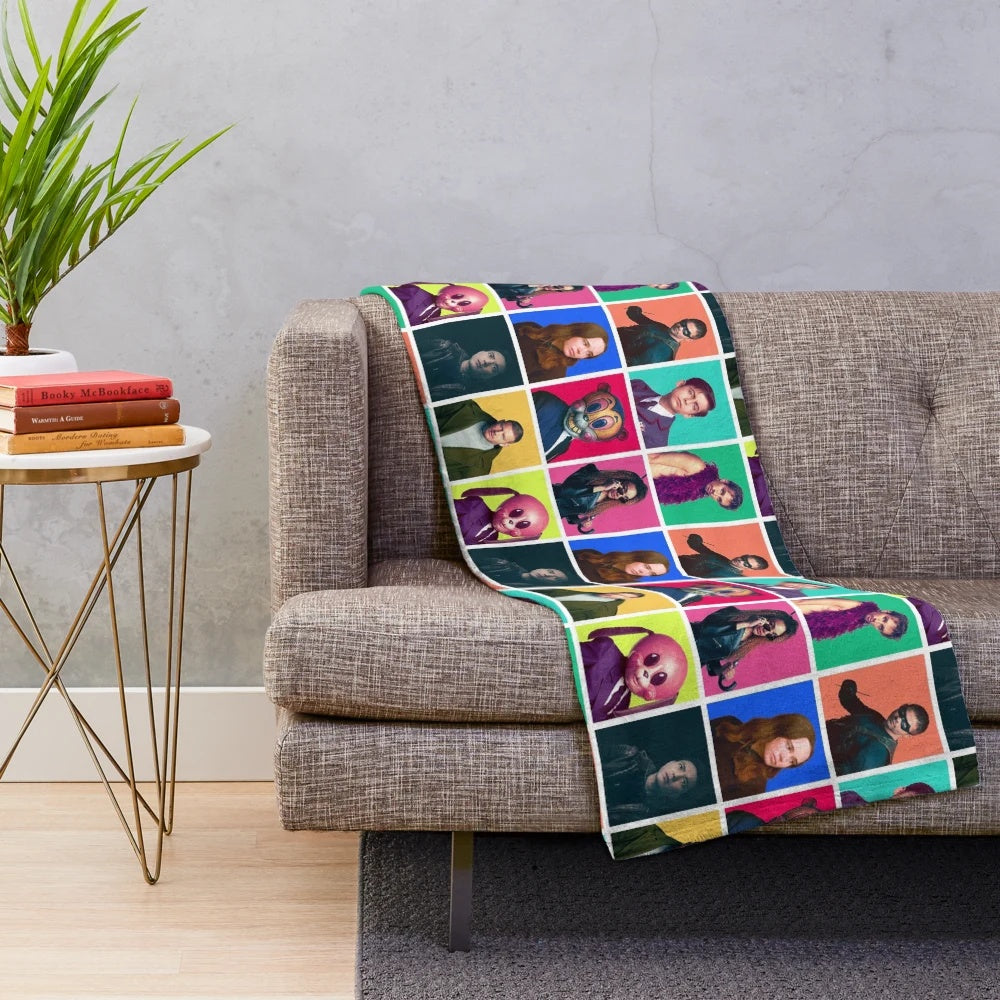 Collage of The Umbrella Academy characters on a plush blanket