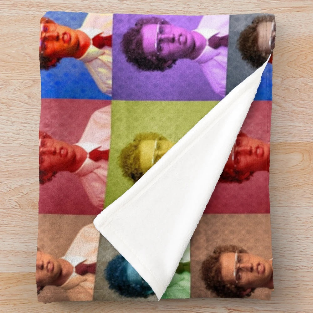 Collage plush blanket featuring characters and scenes from the movie Napoleon Dynamite