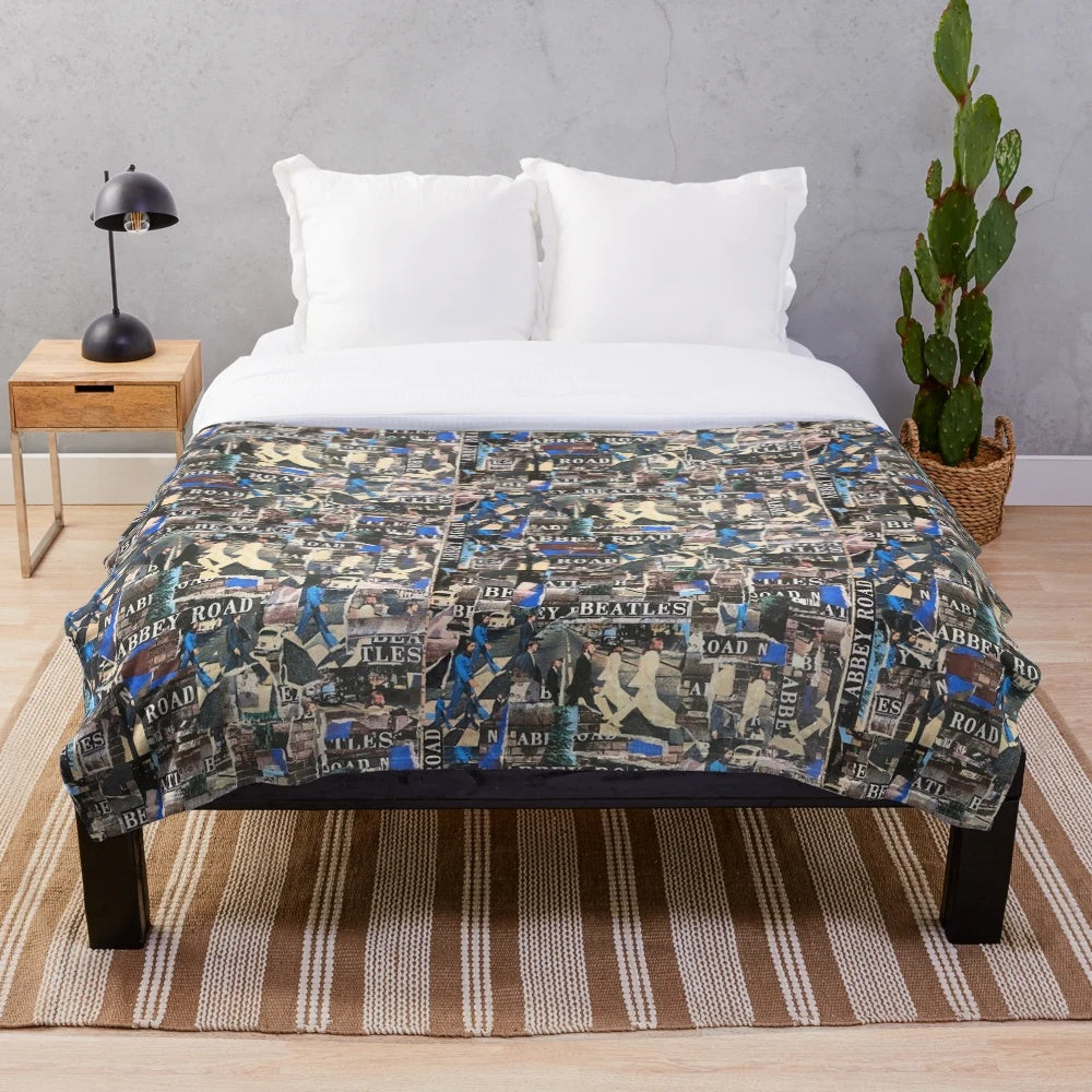 Plush blanket featuring a collage design inspired by the iconic album artwork of The Beatles
