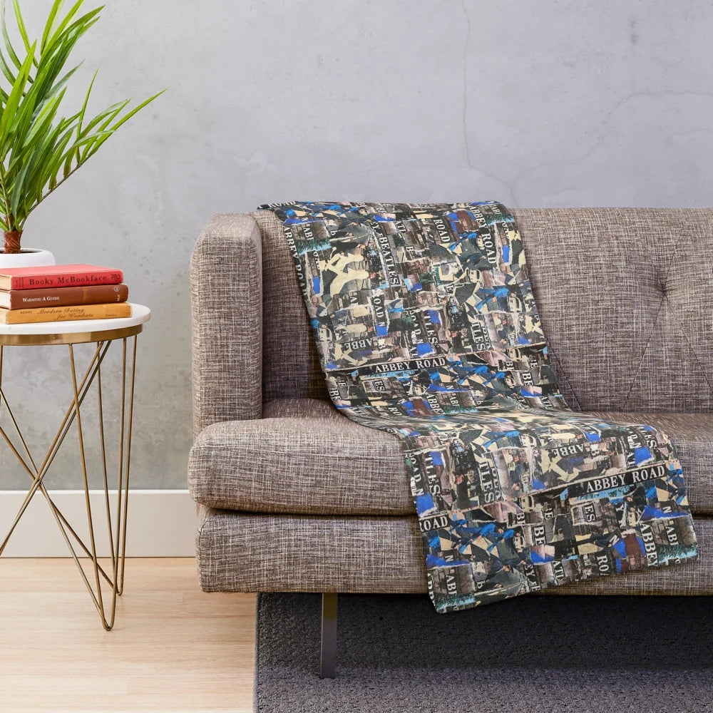 Plush blanket featuring a collage design inspired by the iconic album artwork of The Beatles