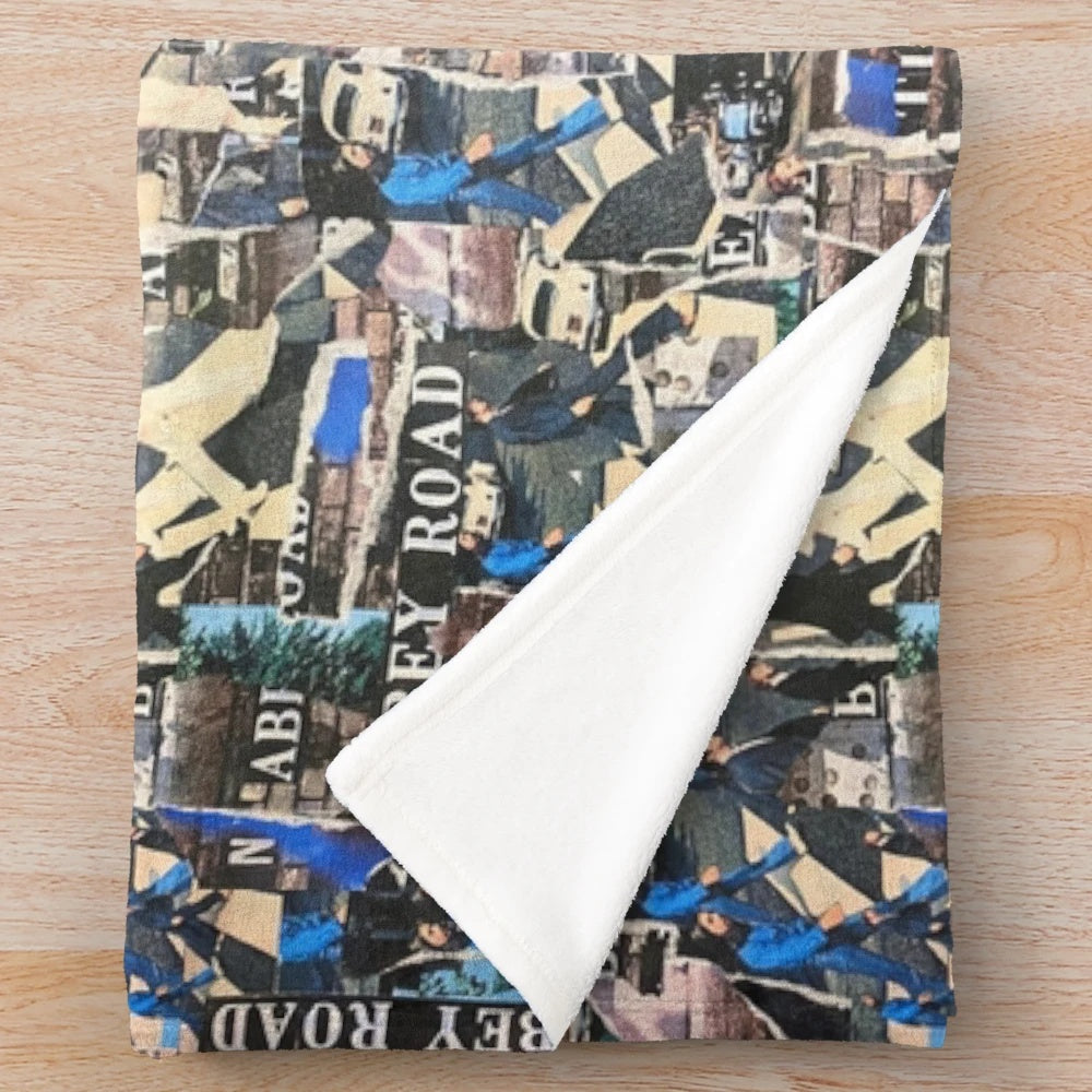 Plush blanket featuring a collage design inspired by the iconic album artwork of The Beatles