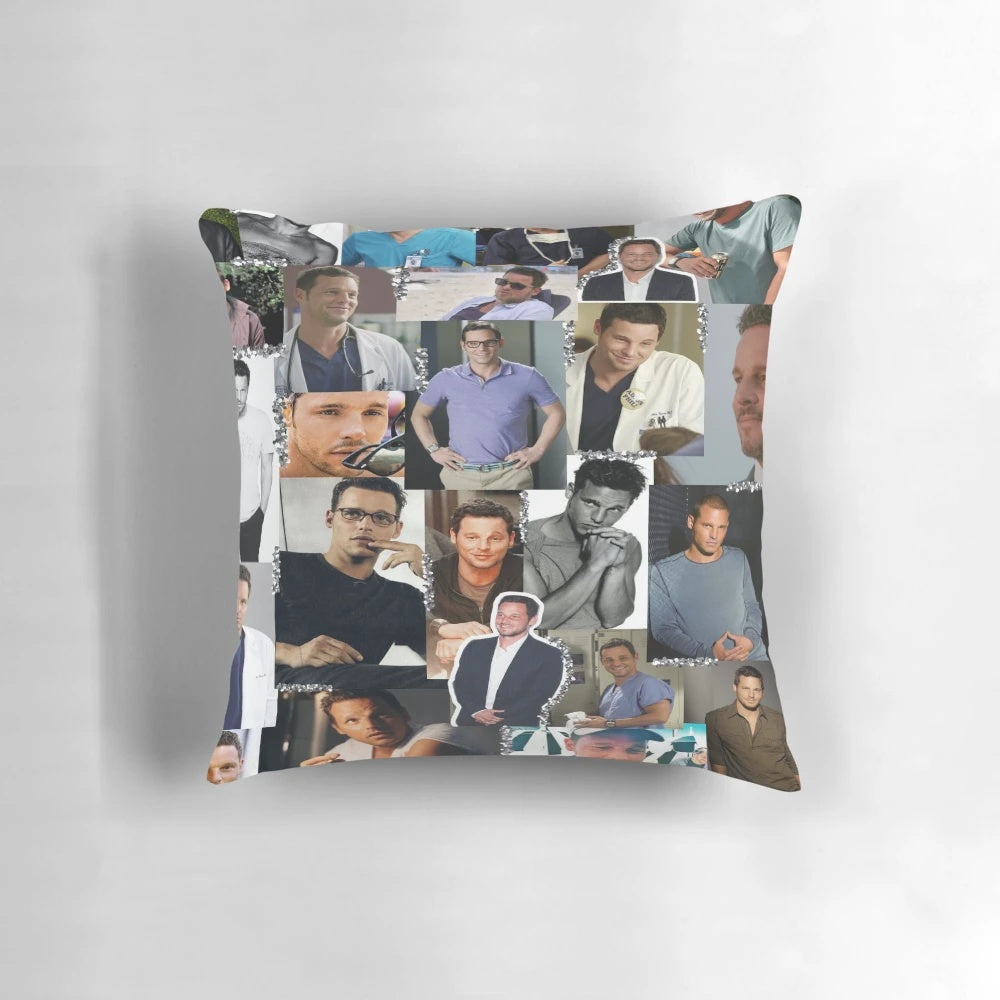Collage-style black and white pillow featuring Alex Karev from the TV show Greys Anatomy