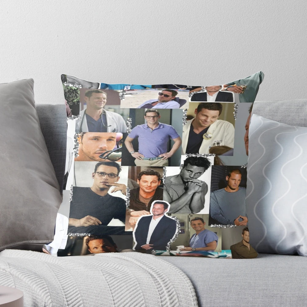 Collage-style black and white pillow featuring Alex Karev from the TV show Greys Anatomy