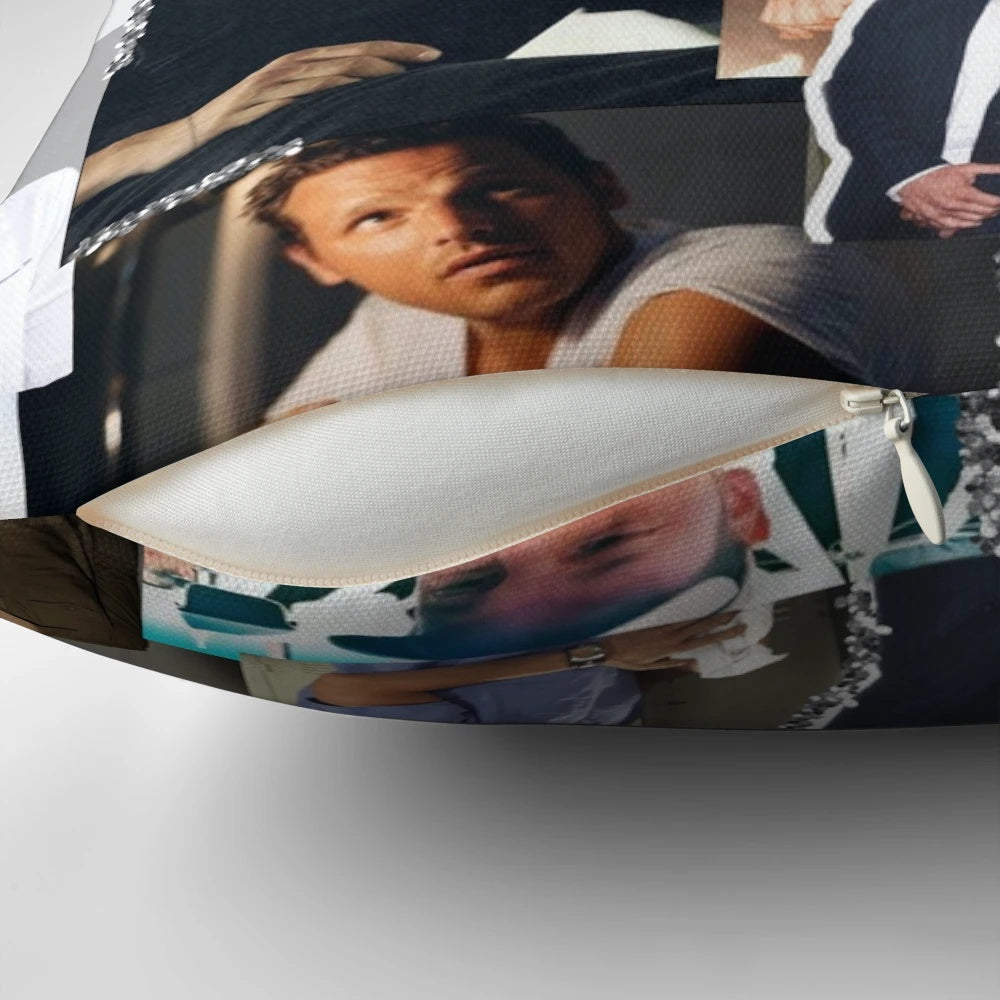 Collage-style black and white pillow featuring Alex Karev from the TV show Greys Anatomy