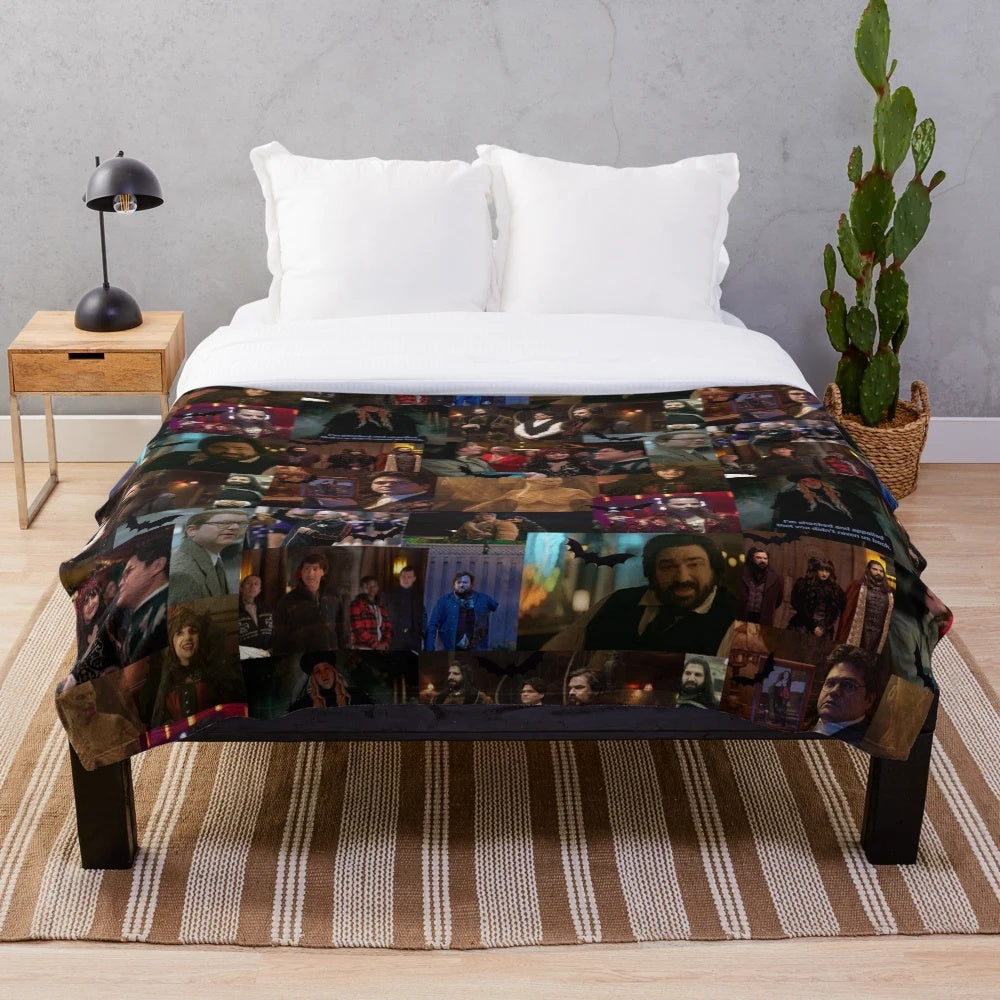 Collage-style plush blanket featuring characters from the TV series "What We Do in the Shadows