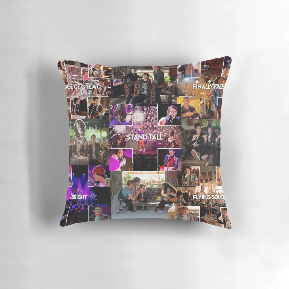 A collage-style pillow featuring the main characters from the Netflix series "Julie and the Phantoms"