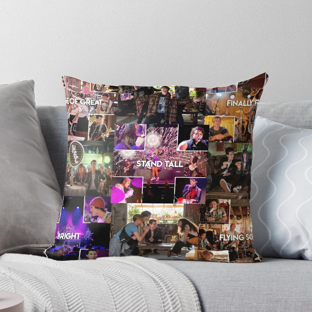 A collage-style pillow featuring the main characters from the Netflix series "Julie and the Phantoms"