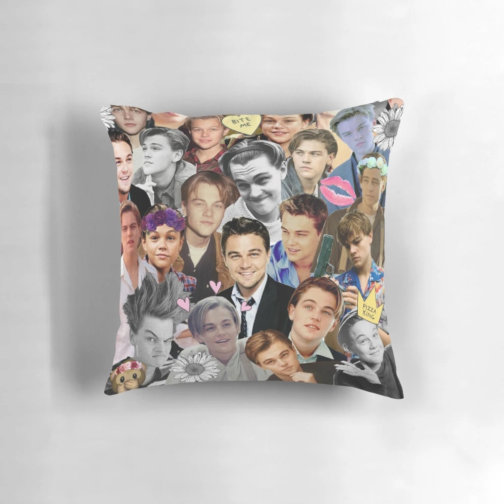 Colorful collage throw pillow featuring the image of popular actor Leonardo DiCaprio