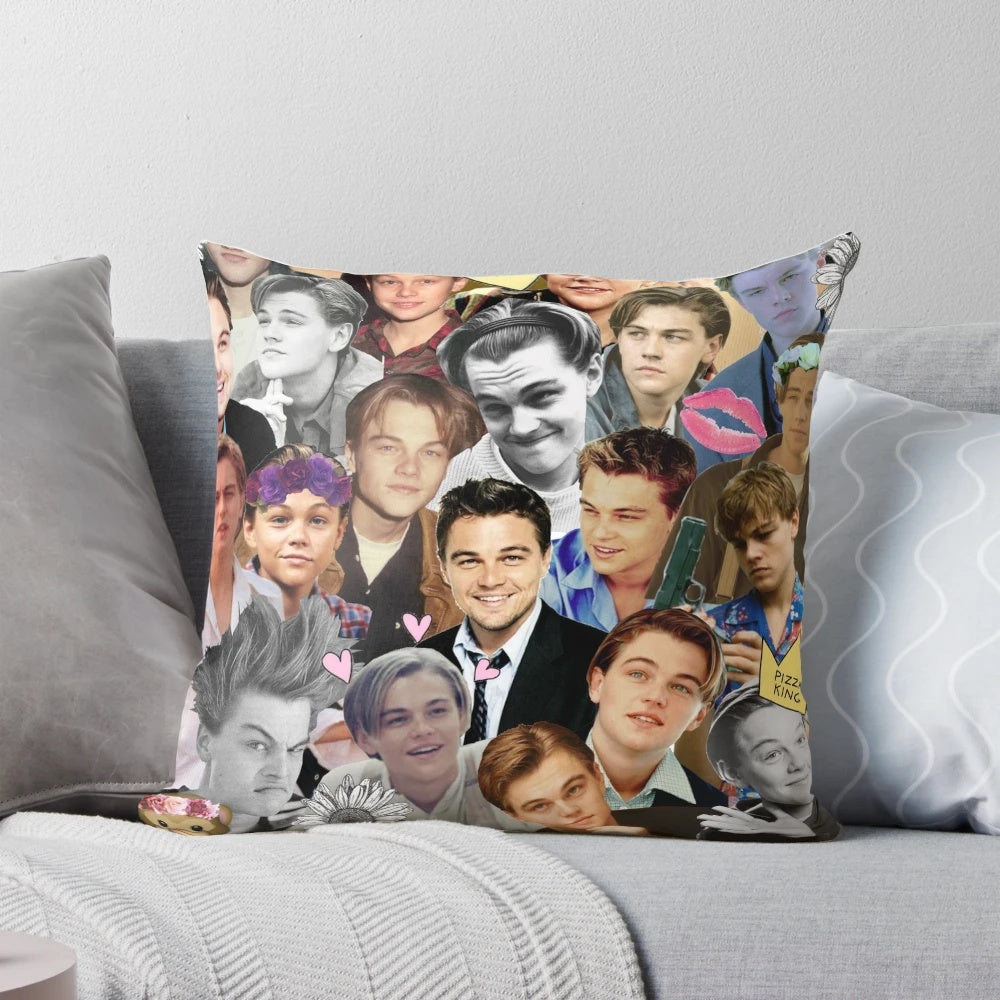 Colorful collage throw pillow featuring the image of popular actor Leonardo DiCaprio