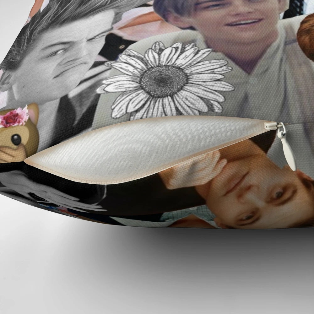 Colorful collage throw pillow featuring the image of popular actor Leonardo DiCaprio