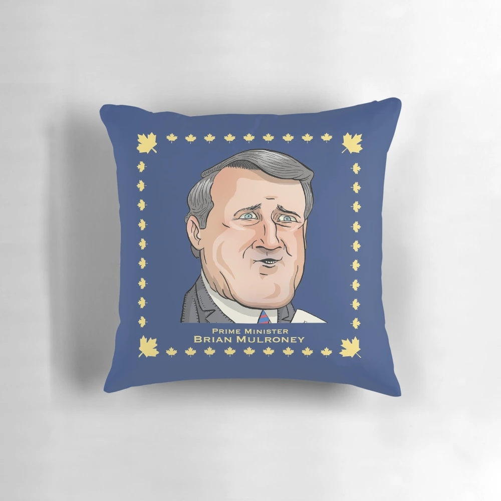 Plush pillow featuring a caricature of former Canadian Prime Minister Brian Mulroney