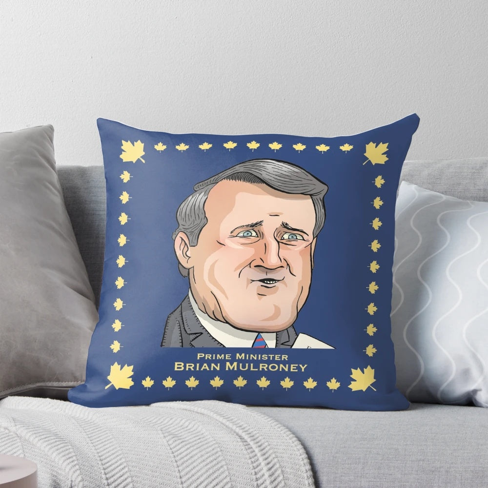 Plush pillow featuring a caricature of former Canadian Prime Minister Brian Mulroney
