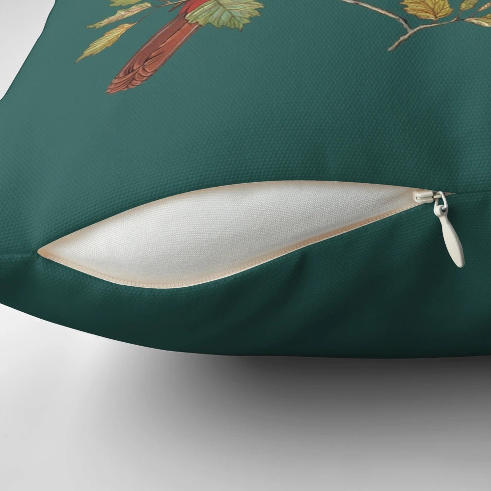 A beautifully crafted cardinal couple pillow featuring a male and female cardinal perched on autumn leaves.