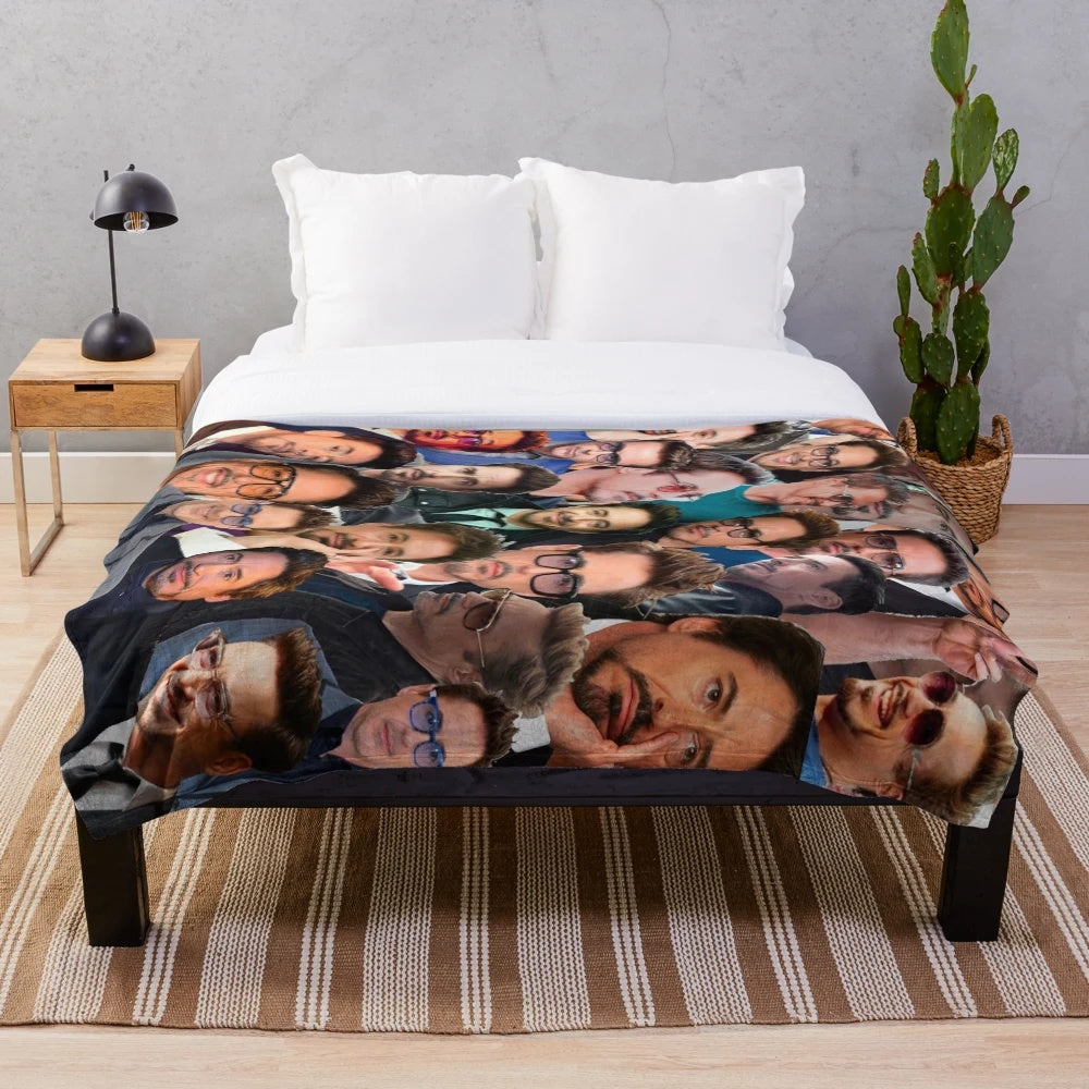 Artistic photo collage of Robert Downey Jr. on a cozy plush blanket