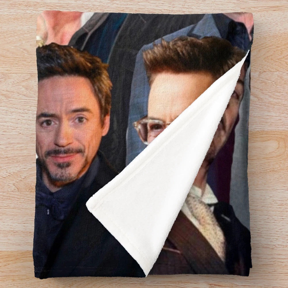 Artistic photo collage of Robert Downey Jr. on a cozy plush blanket
