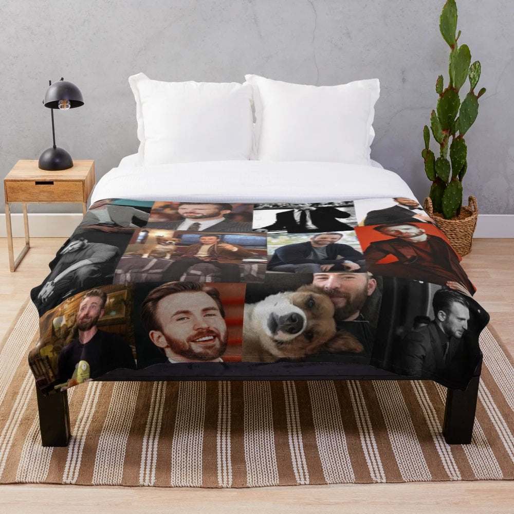 Plush blanket featuring a collage of photos of Chris Evans as Steve Rogers/Captain America
