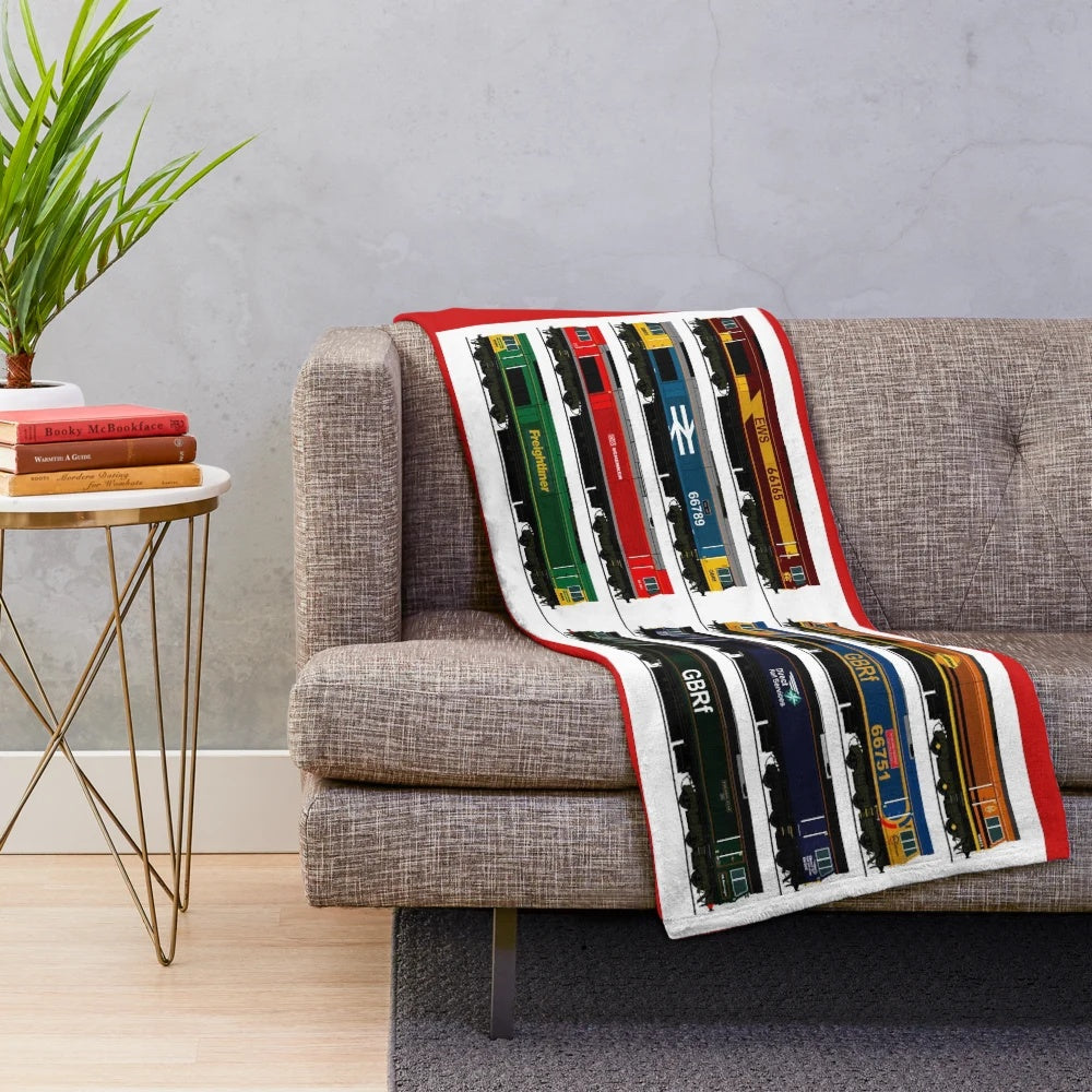Soft, cozy plush blanket featuring a collection of class 66 locomotive designs