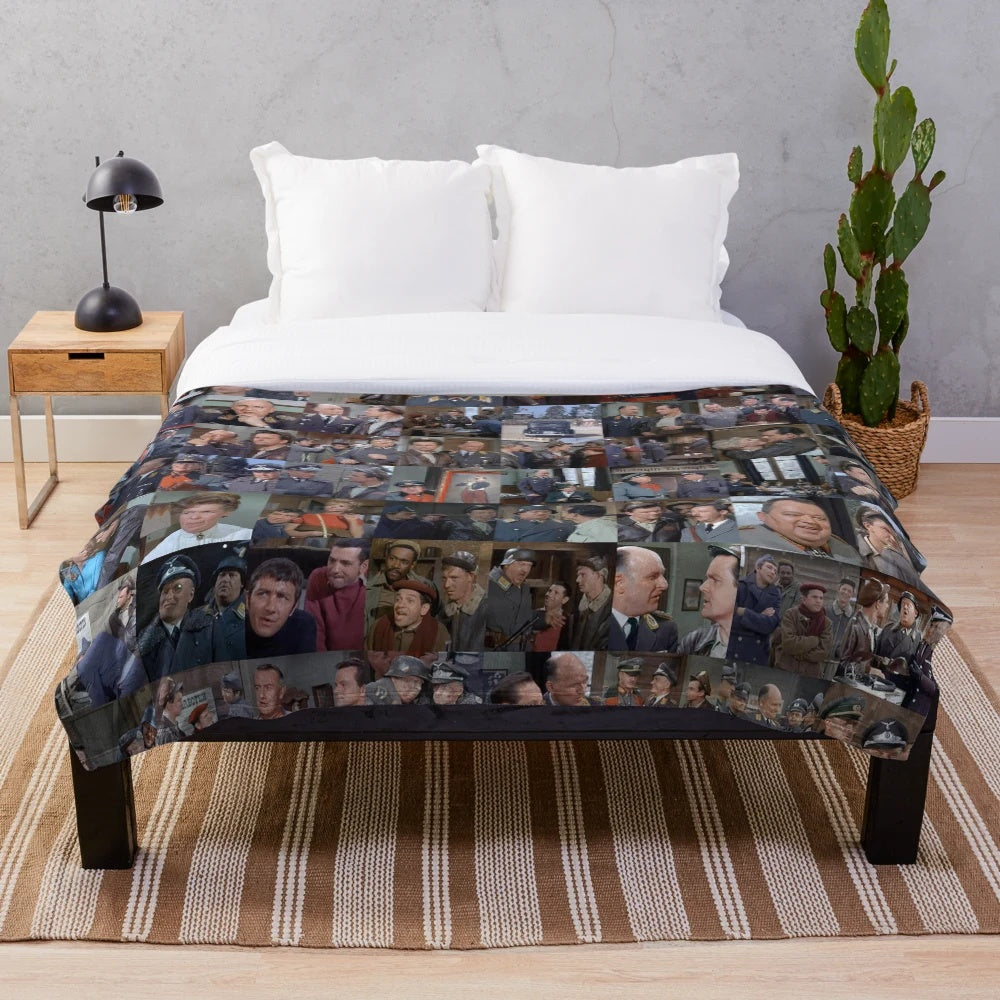 Hogan's Heroes inspired plush blanket with iconic characters and military themes