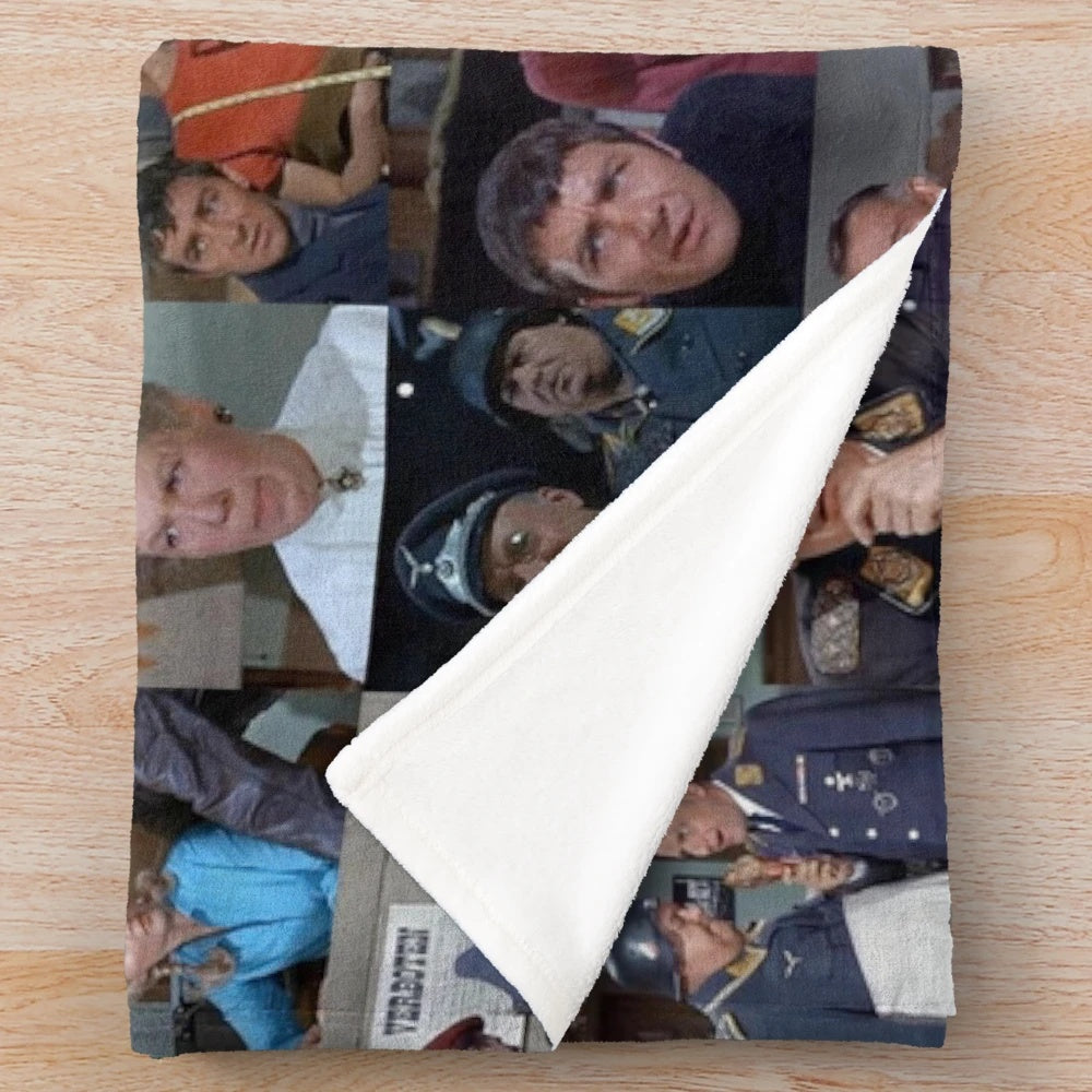 Hogan's Heroes inspired plush blanket with iconic characters and military themes