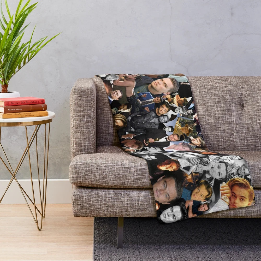Leo DiCaprio plush blanket featuring a collage of his most iconic movie roles