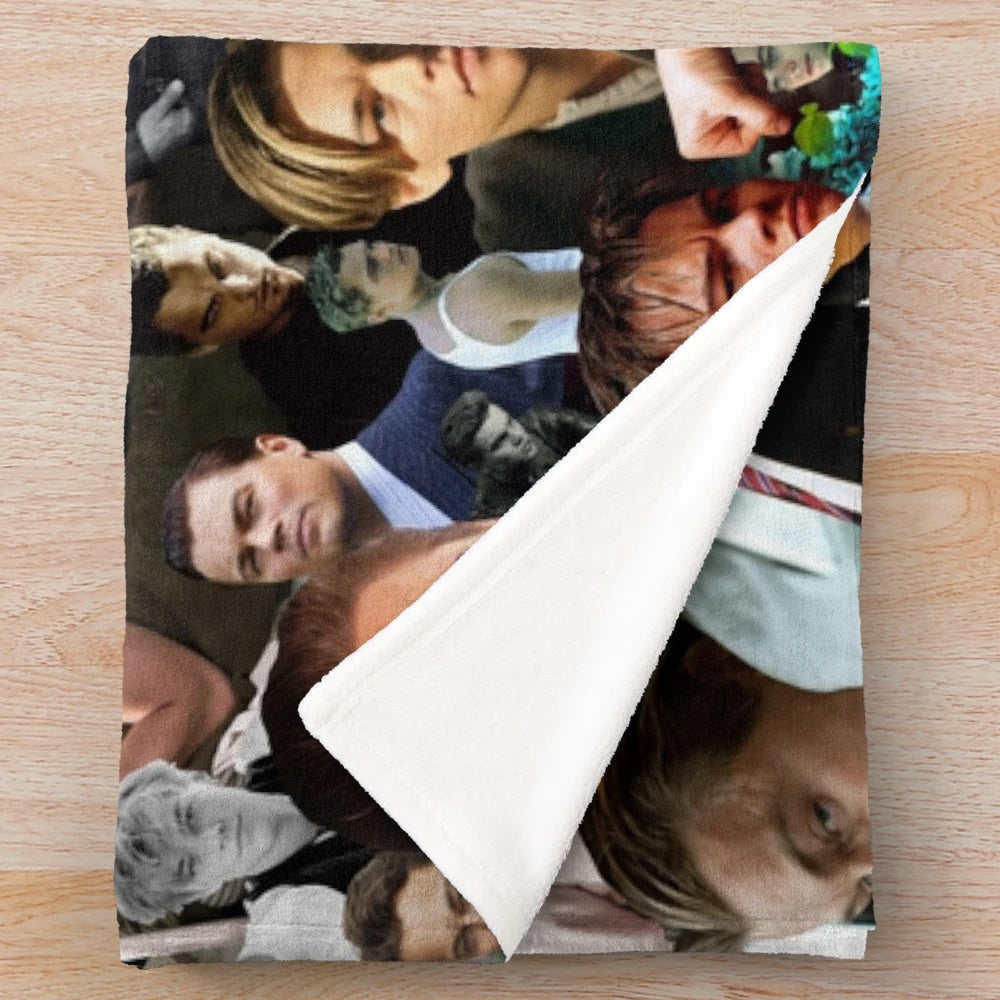 Leo DiCaprio plush blanket featuring a collage of his most iconic movie roles