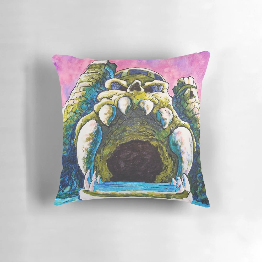 Vibrant watercolor painting of the iconic Castle Grayskull from the Masters of the Universe franchise, printed on a soft, plush pillow.