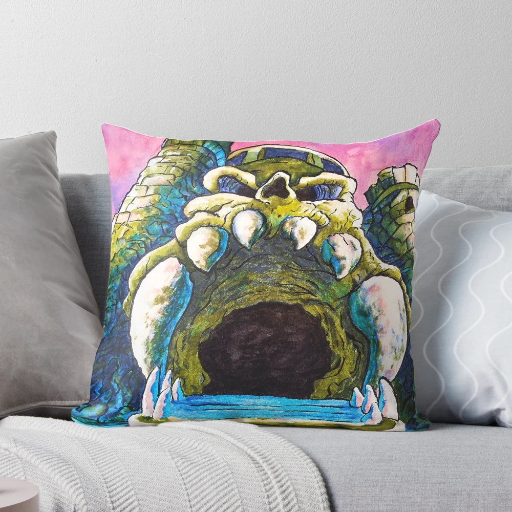 Vibrant watercolor painting of the iconic Castle Grayskull from the Masters of the Universe franchise, printed on a soft, plush pillow.
