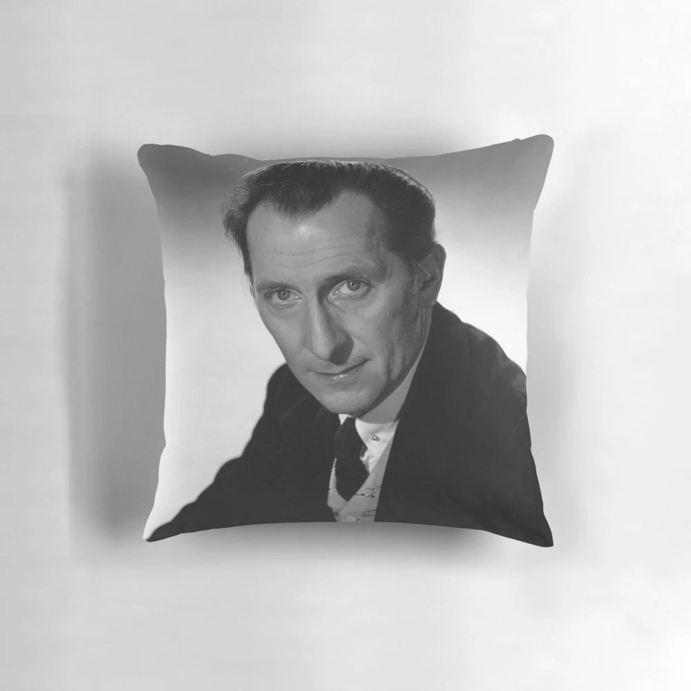 Peter Cushing-inspired decorative pillow with a classic horror movie aesthetic