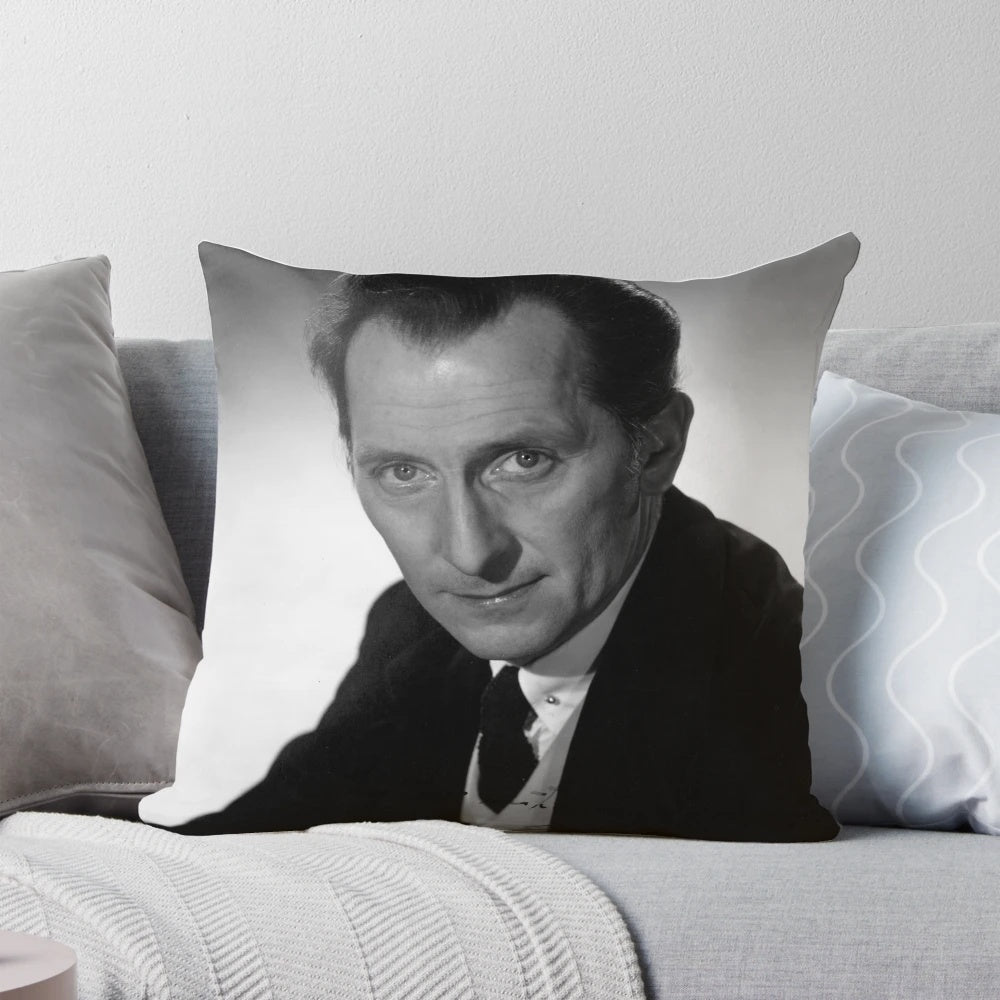Peter Cushing-inspired decorative pillow with a classic horror movie aesthetic