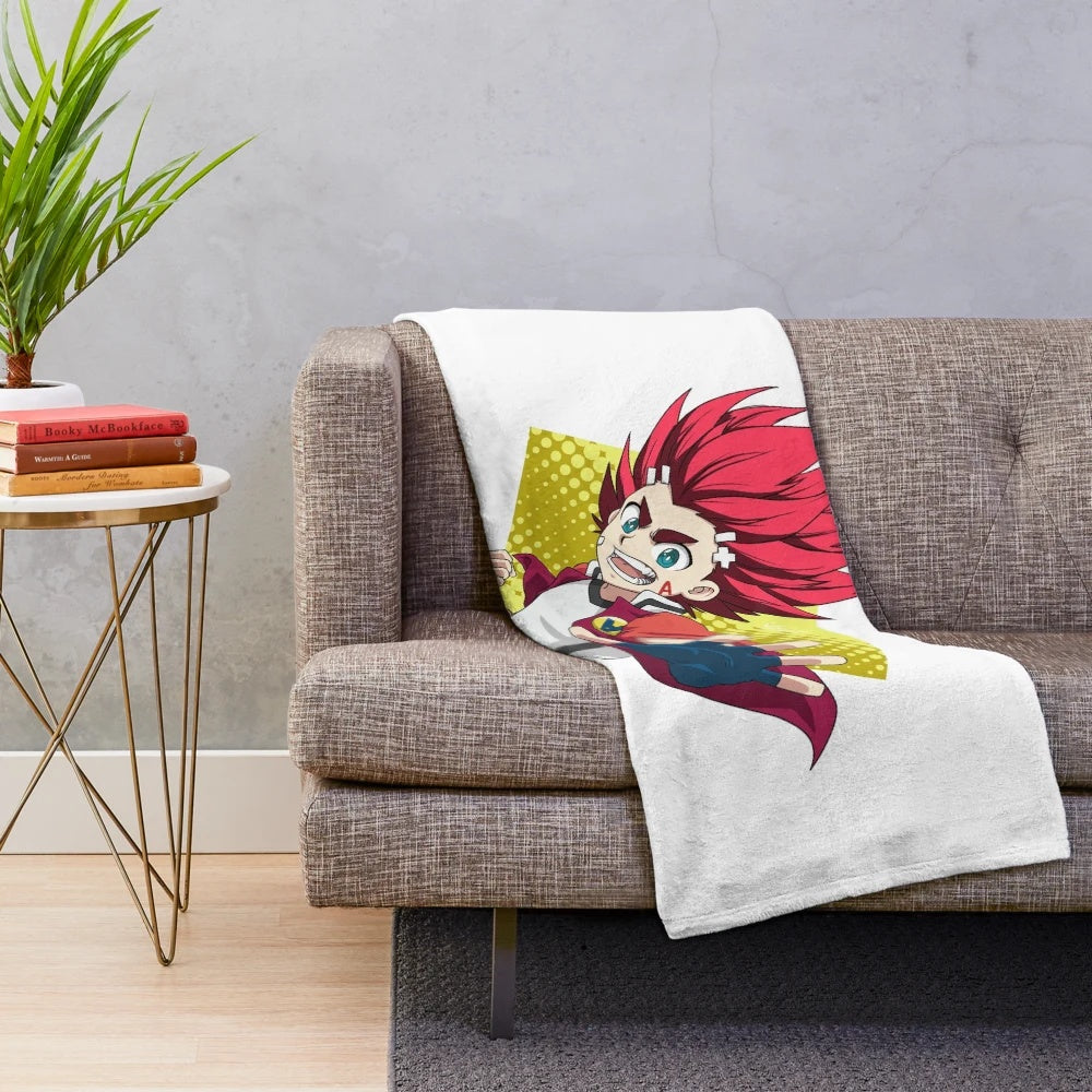 Super Aiger Akabane Plush Blanket featuring the character from the Beyblade Burst Turbo anime