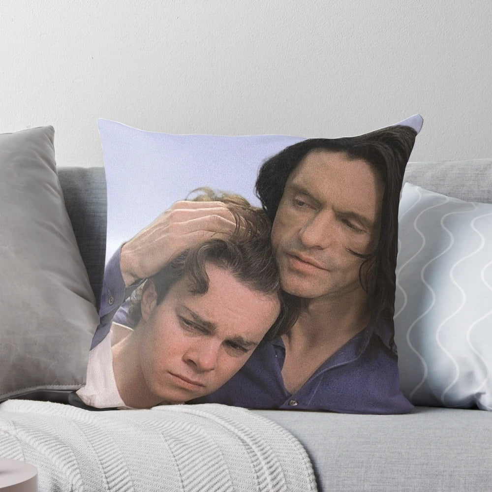 Plush pillow depicting the iconic character Tommy Wiseau from the cult classic film The Room