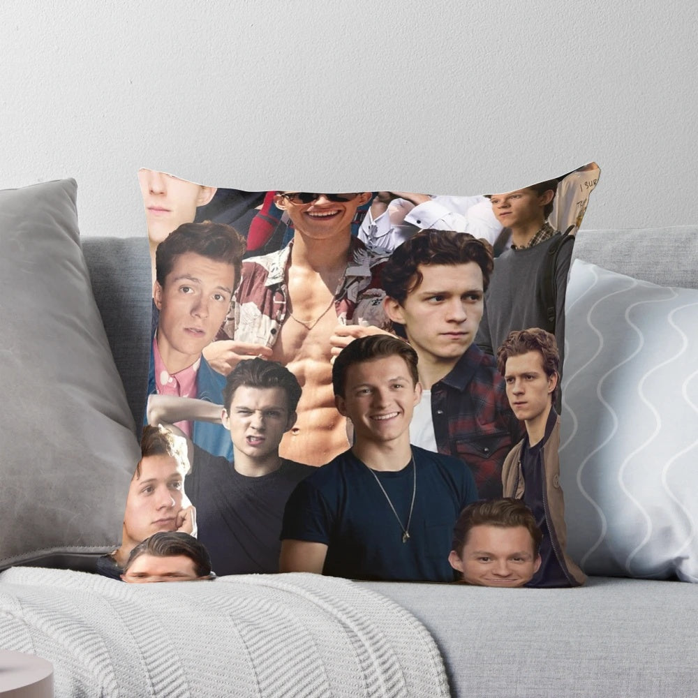 Collage Image of Tom Holland as Spiderman on a Plush Pillow