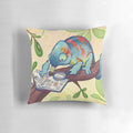 Decorative pillow featuring a whimsical watercolor design of a chameleon surrounded by colorful postage stamps for stamp collectors.