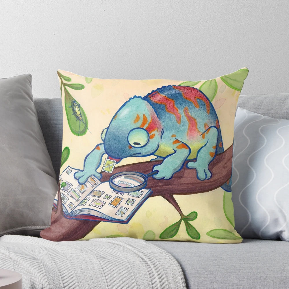 Decorative pillow featuring a whimsical watercolor design of a chameleon surrounded by colorful postage stamps for stamp collectors.
