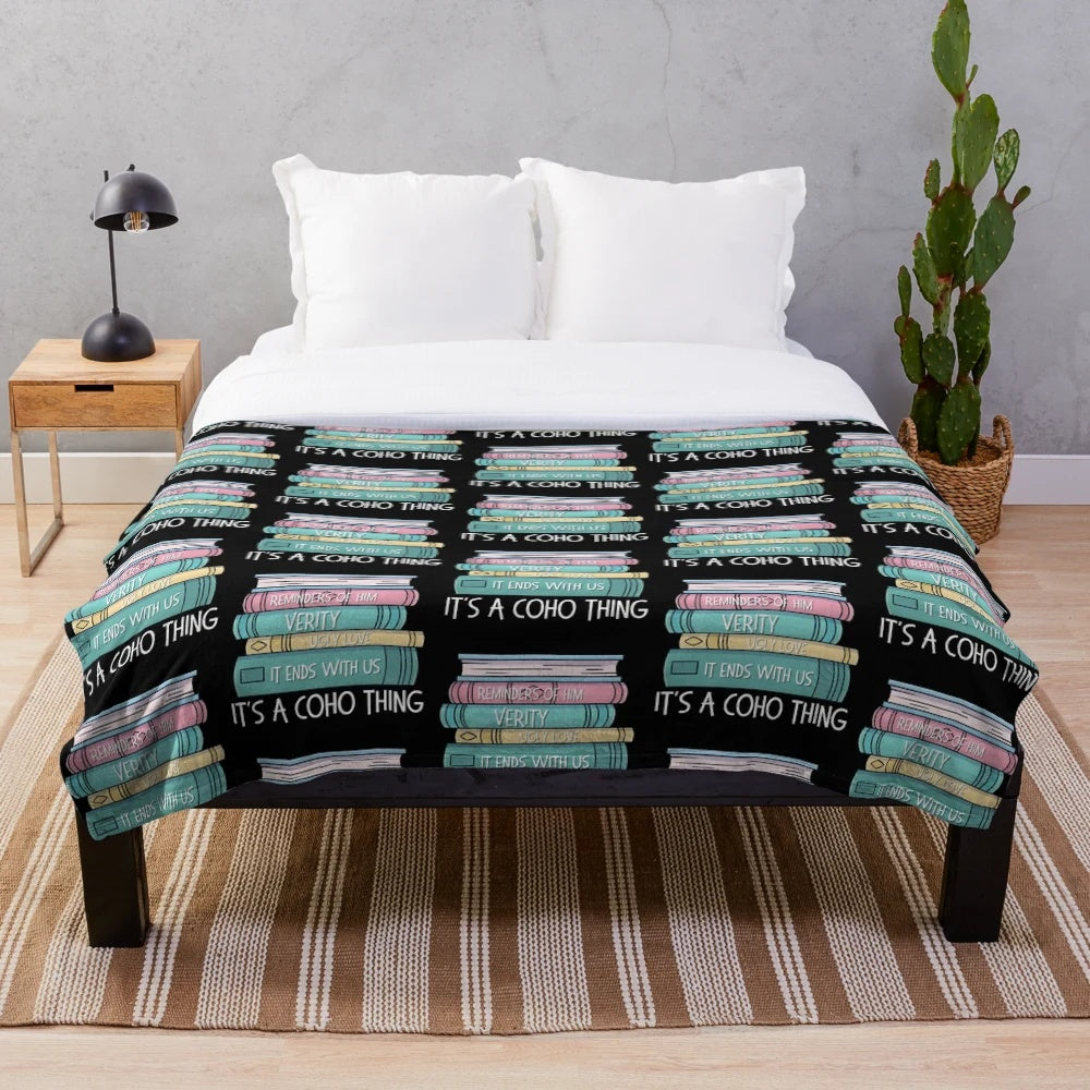 Colleen Hoover inspired book stack design on a cozy plush blanket for book lovers