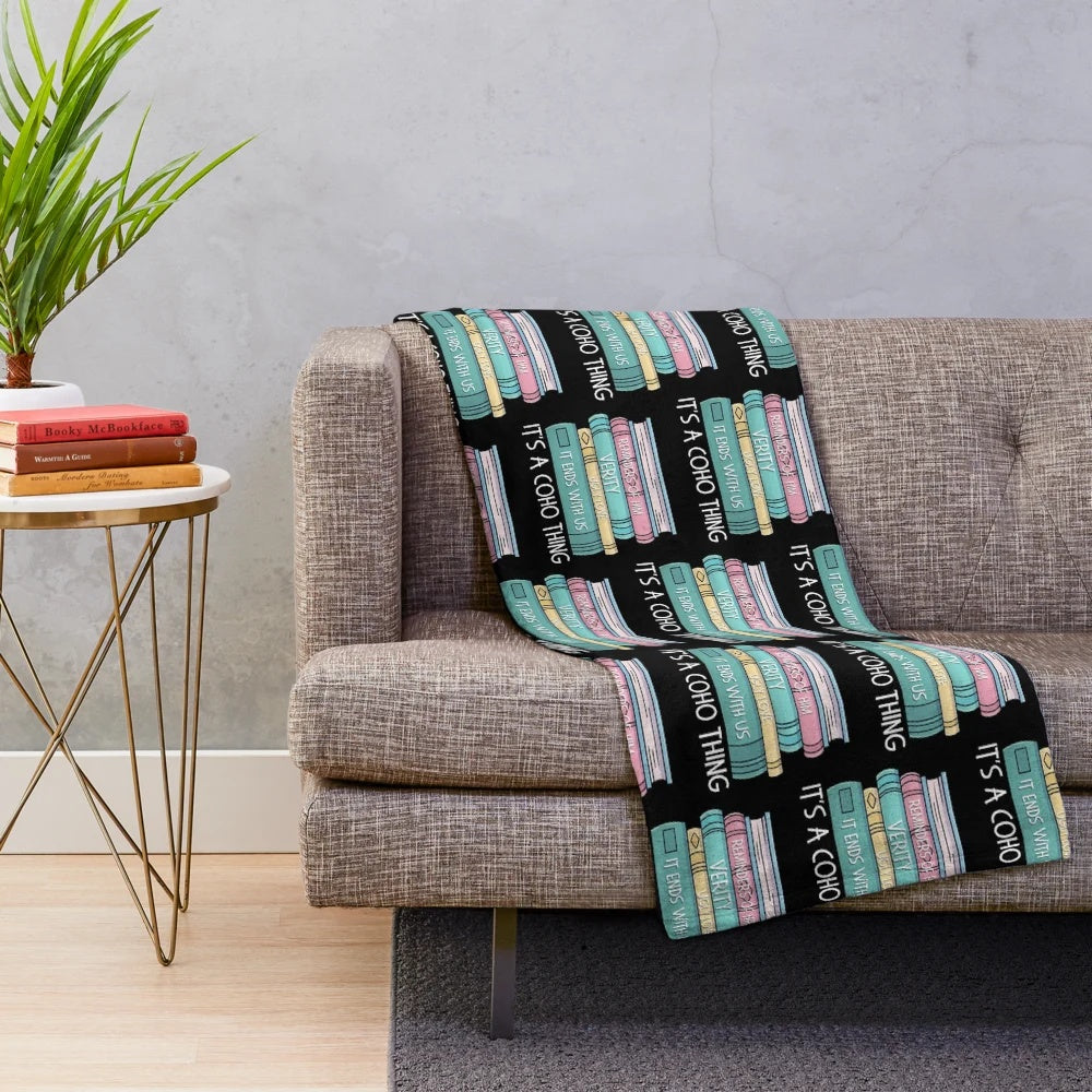 Colleen Hoover inspired book stack design on a cozy plush blanket for book lovers