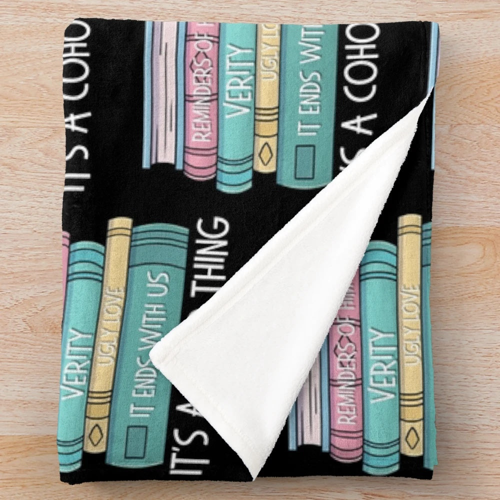 Colleen Hoover inspired book stack design on a cozy plush blanket for book lovers