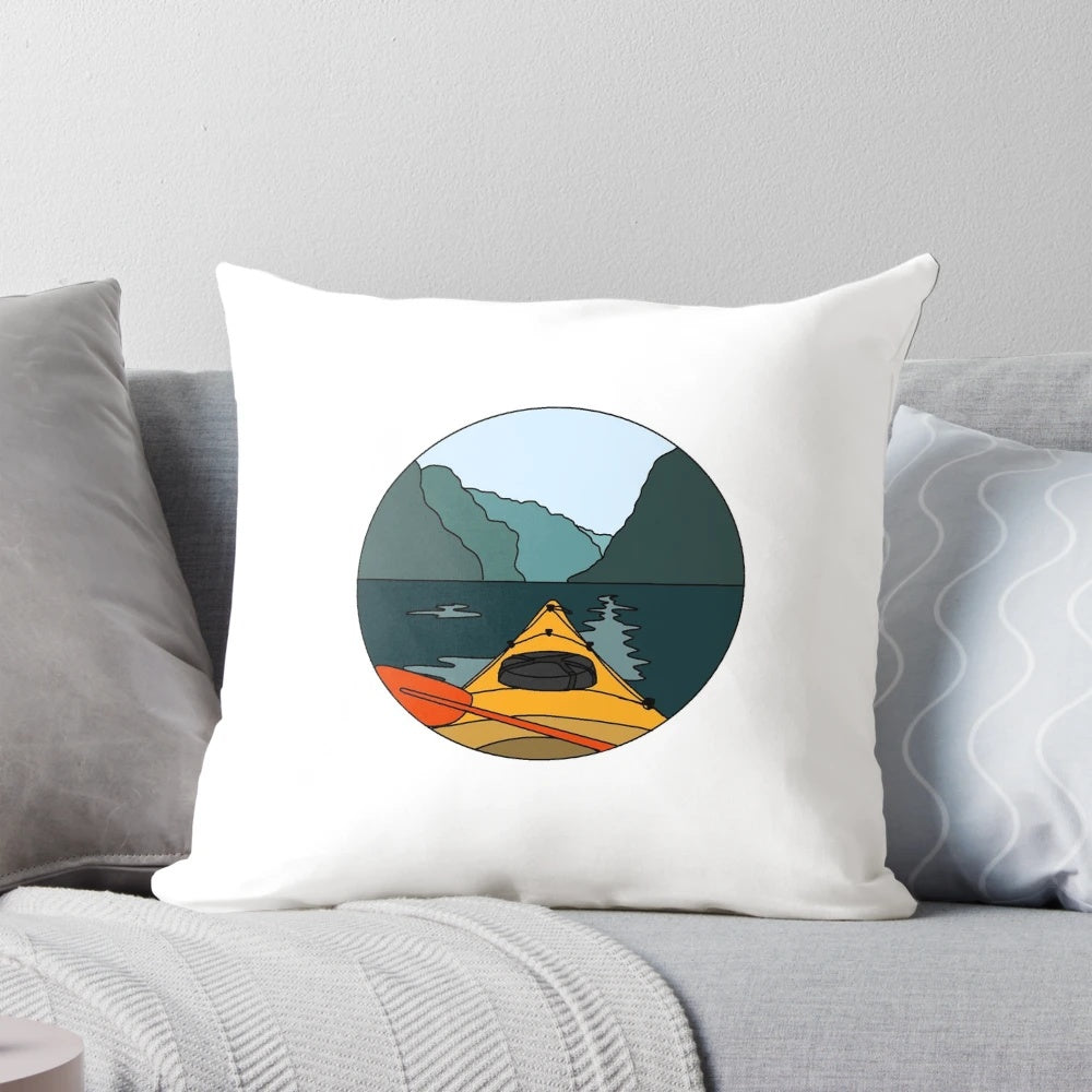 Vibrant colorblock pillow design featuring a serene kayak scene on a lake