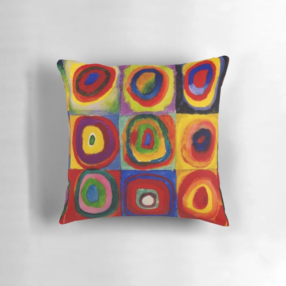 Kandinsky inspired abstract art pillow with vibrant concentric circles