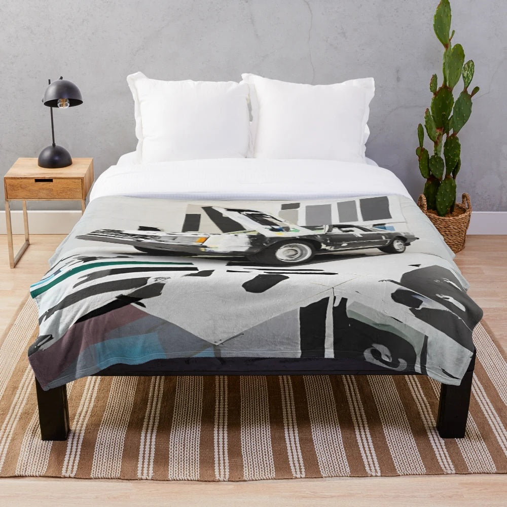 Colorful abstract minimalist painting of a classic car on a plush blanket