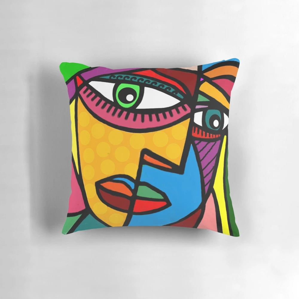 Vibrant abstract face design pillow in a modern cubist style