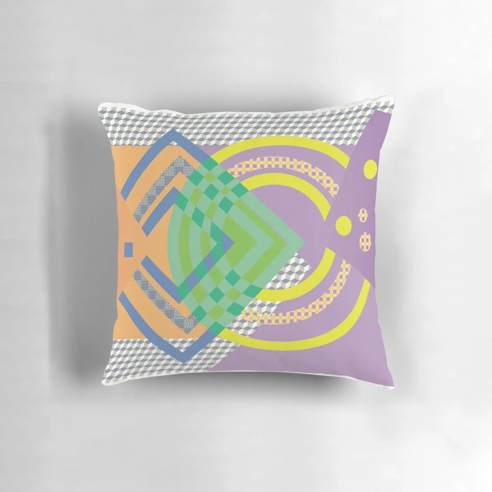Vibrant abstract geometric art pillow with avant-garde, modern design