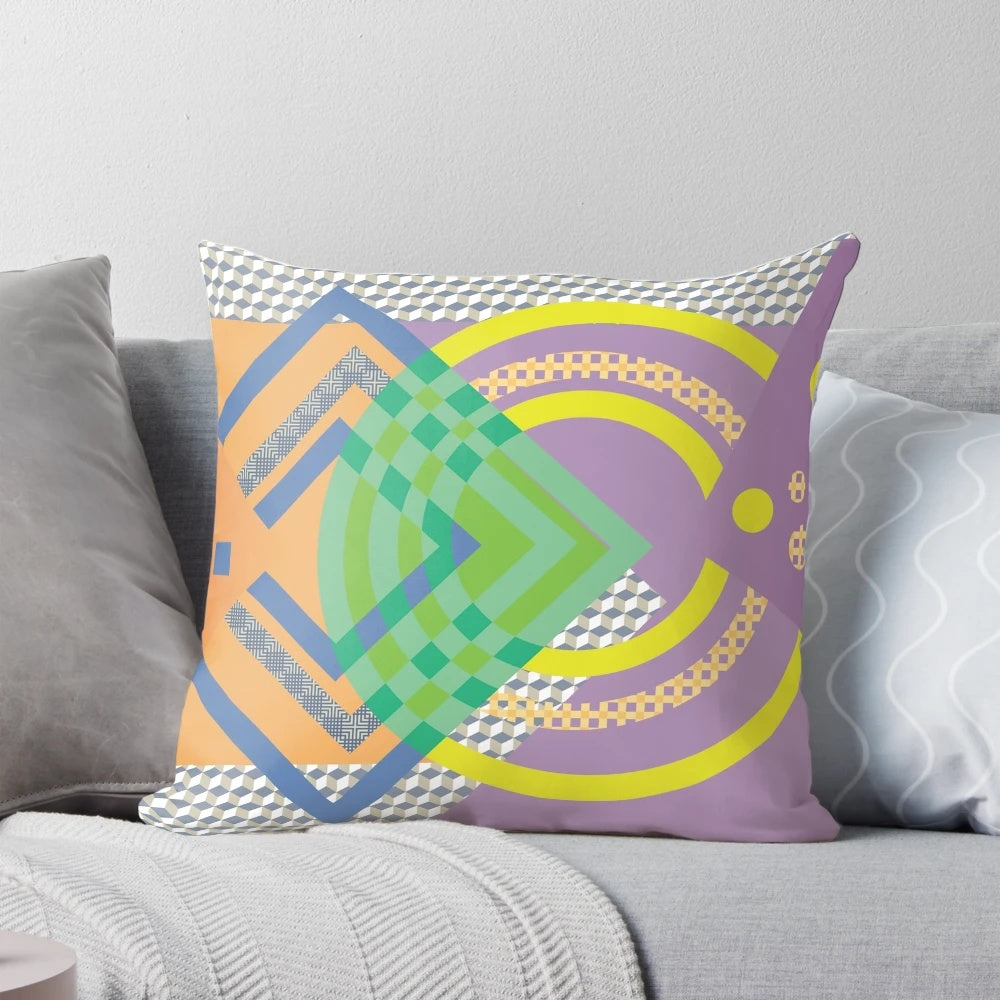 Vibrant abstract geometric art pillow with avant-garde, modern design