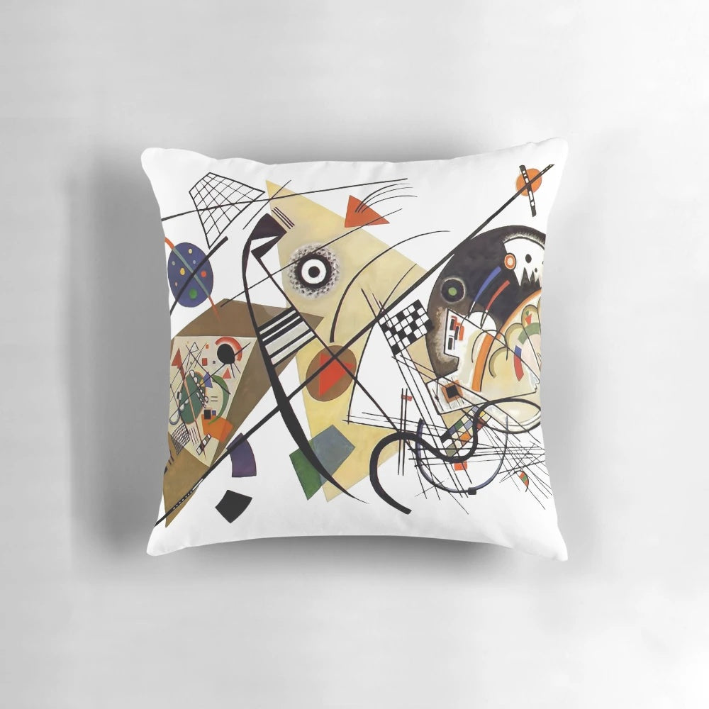 Vibrant abstract art pillow featuring Kandinsky's iconic Traverse Line painting from 1923